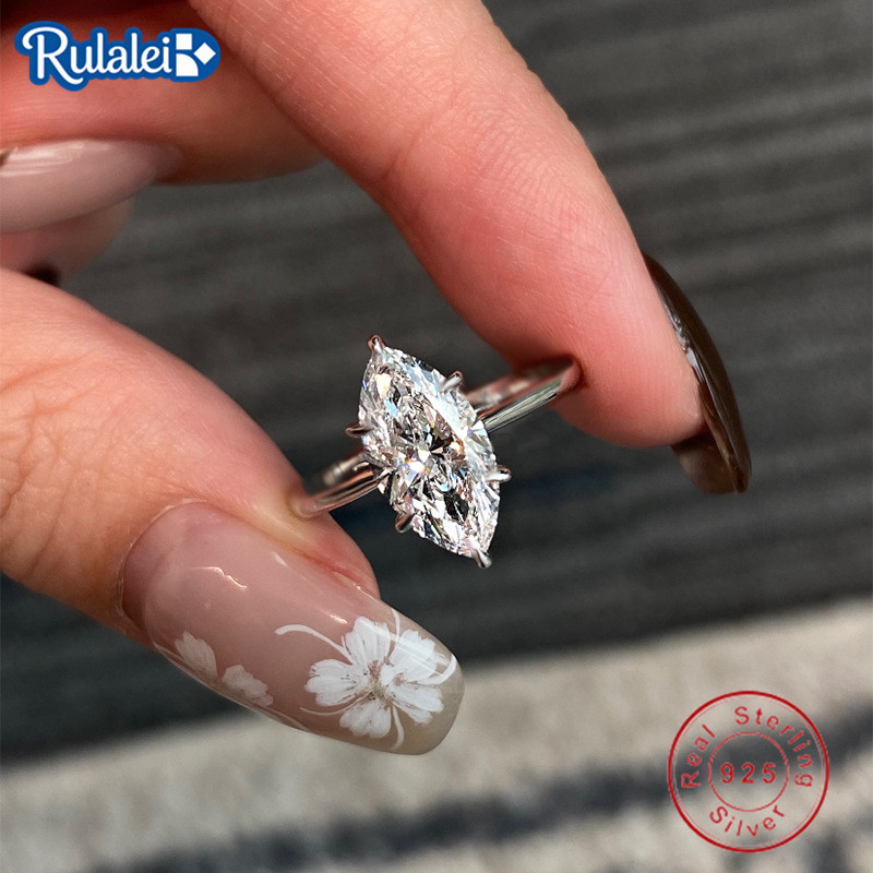 Rulalei Simple Fashion Wedding Rings Pure 100% 925 Sterling Silver Marquise Cut High Carbon Diamond Daily Wear Party Eternity Women Engagement Bridal 