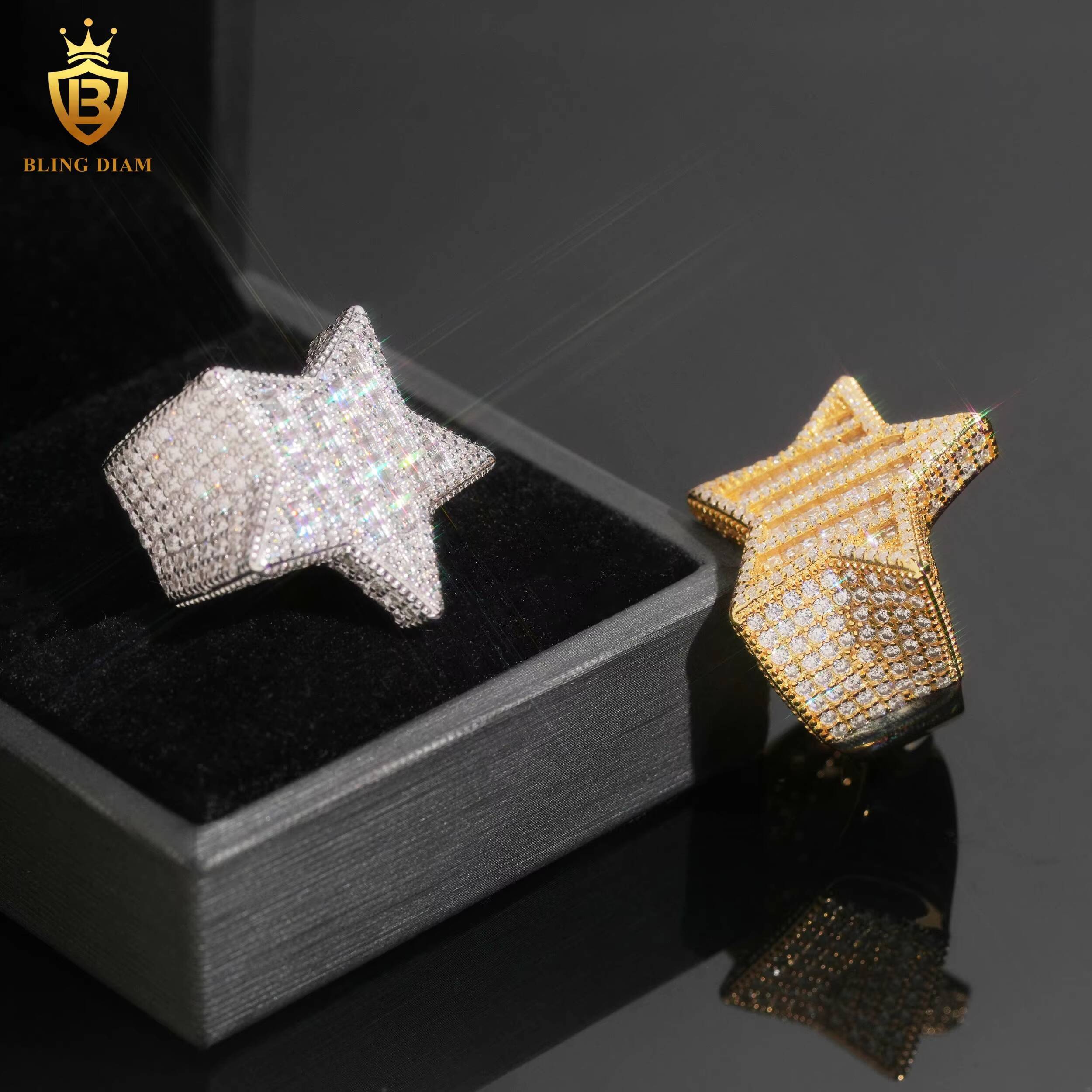 Trendy Styles 925 Sterling Silver VVS Moissanite Hip Hop Iced Out Moissanite Custom Star Baguette Ring Pass Diamond Tester