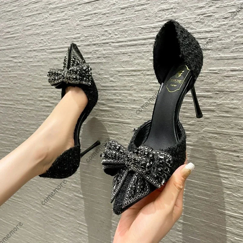 Comemore Sexy Pearl Crystal Bowtie White Wedding Shoes Women Autumn Fashion 6/8cm High Heels Pumps Woman Thin Heeled Party Shoes 260420 - view 4