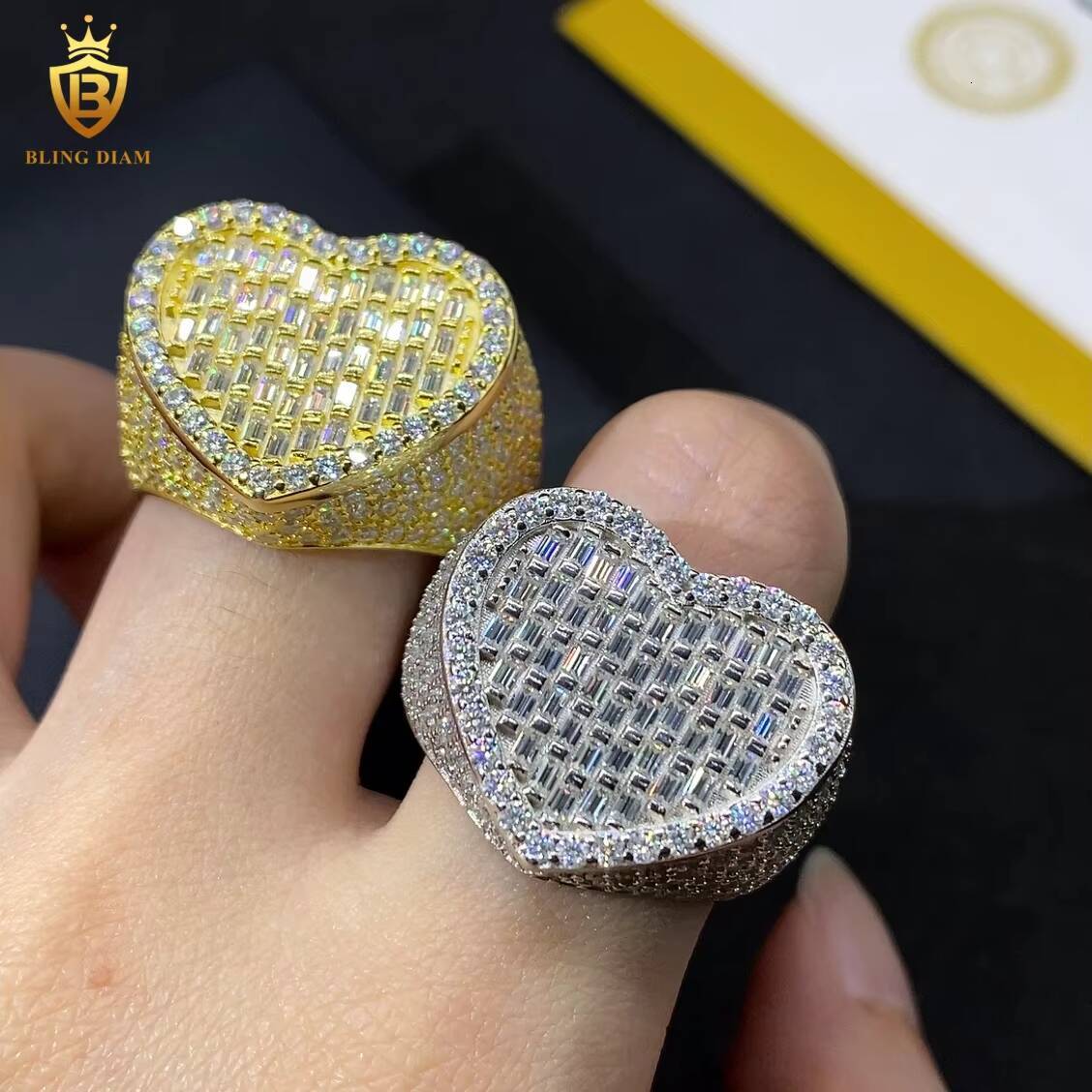 Iced Out Heart Ring Baguette Cut VVS Moissanite Ring D Color VVS Fine Moissanite Jewelry GRA Certified Moissanite Ring Hip Hop