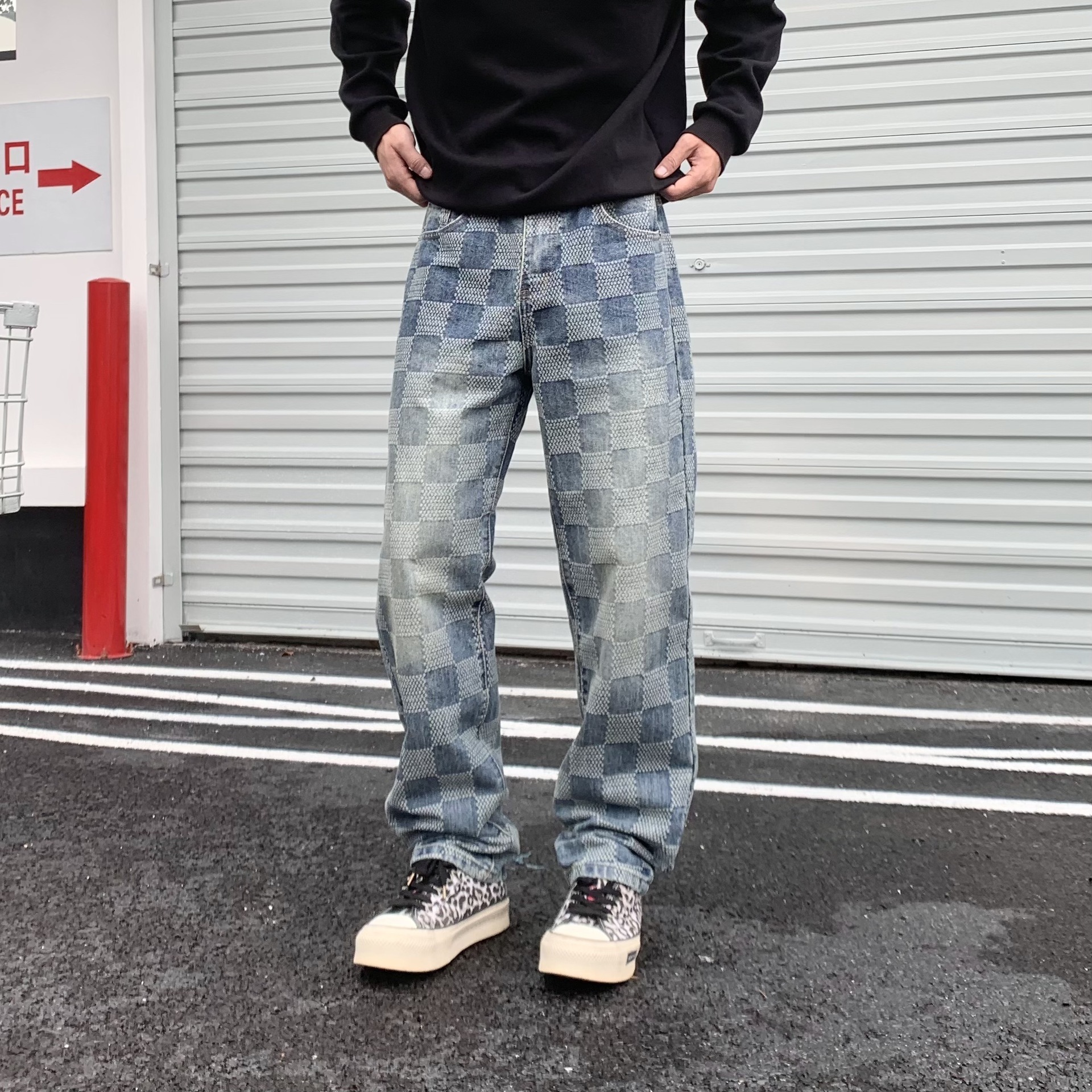 New American-style Trendy Brand Loose Luxury Straight-leg Plaid Patchwork Jeans For Loose Men High Street Retro Casual Pants Designer For Men