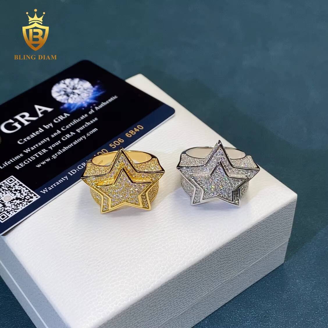 Iced Out Hip Hop Rings Star Shape Round Brilliant Cut VVS Moissanite Ring 925 Silver Rings GRA Certified Moissanite Ring Men