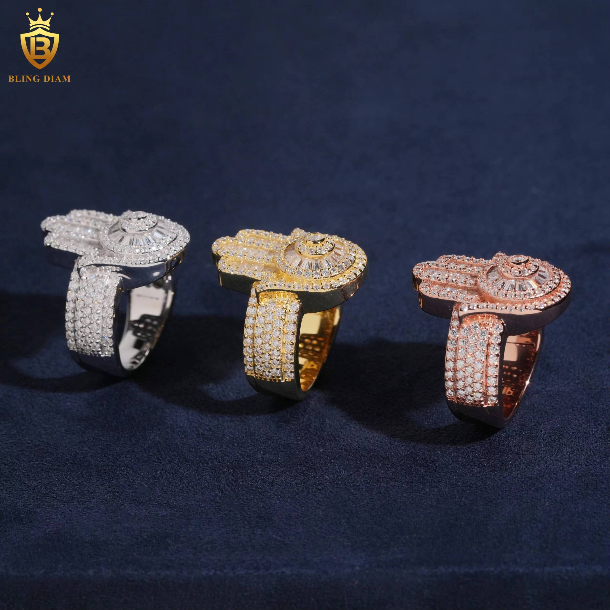 Hip Hop Rapper Rock Jewelry Wholesale 925 Sterling Silver Ice Out Vvs Moissanite Rings for Mens Hamsa Hand Shaped