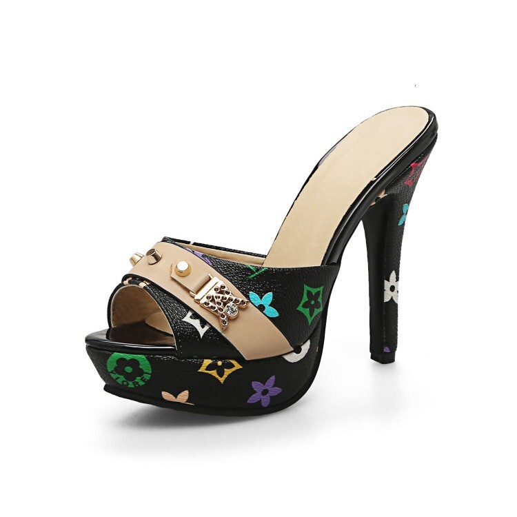 Women Colorful Floral Print Platform Mule Sandals, Peep Toe Metal Buckle Stiletto High Heel Slide Party Shoes