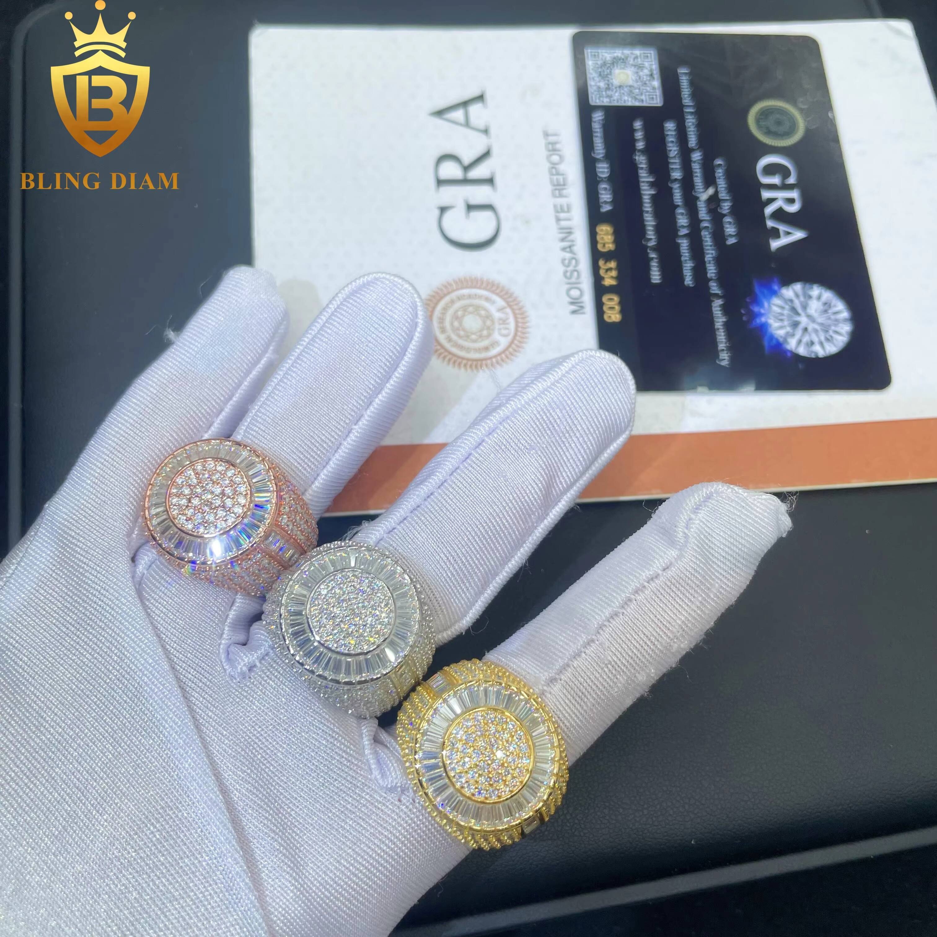 GRA Certificated Luxury Fine Jewelry Design Rapper Hip Hop 925 Silver Rings Iced Out VVS Moissanite Diamond Ring