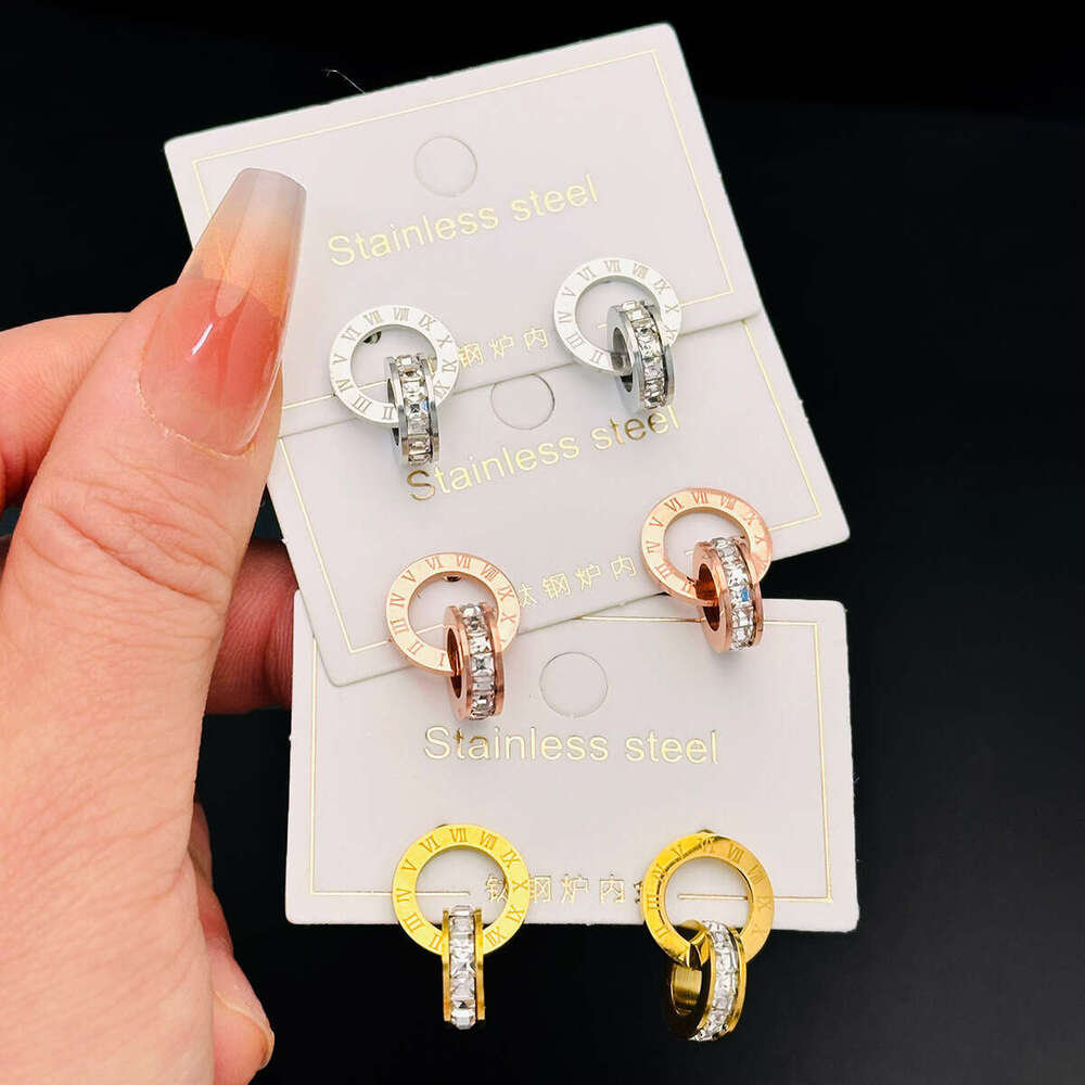 Popular Roman Double Ring Diamond-Studded Creative Earrings In Rose Gold Titanium Steel For Women, High-End Non-Fading Trendy Ear Accessories