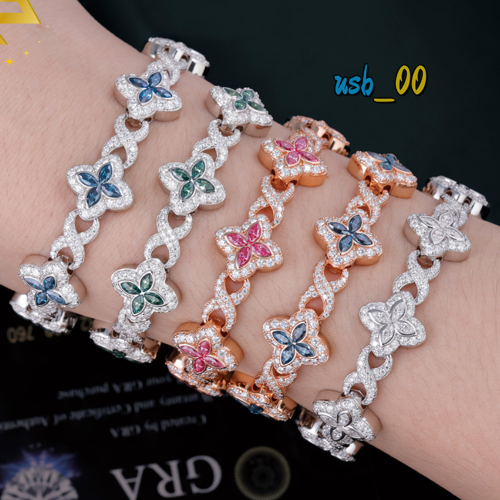 Hot Stunning Bracelets Colored Moissanite Clover Charms 13mm Four Leaf Cuban Links Bracelet 925 Silver Cuban Chains Men Women