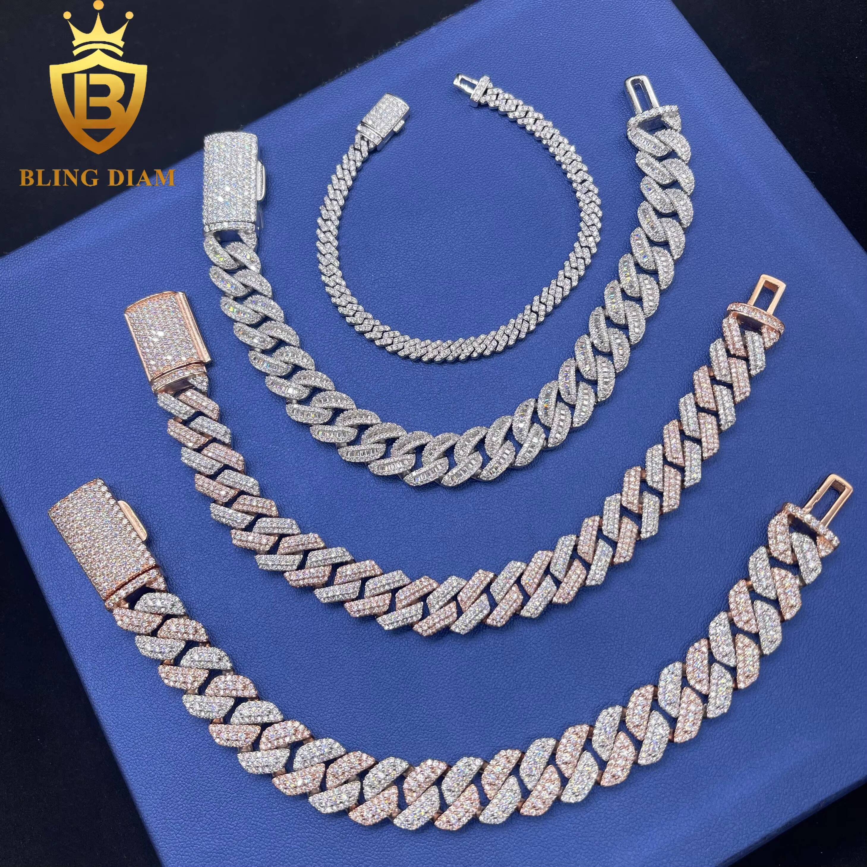 Hip Hop Jewelry Iced Out Rose Gold Two Tone Color Miami Cuban Link Chain and Bracelet Set for Men Moissanite 925 Sterling Silver