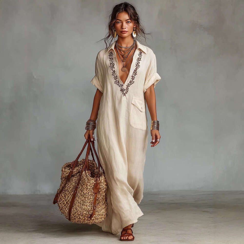 Women's Embroidered Linen Blend Maxi Shirt Dress, Short Sleeve Collared Kaftan