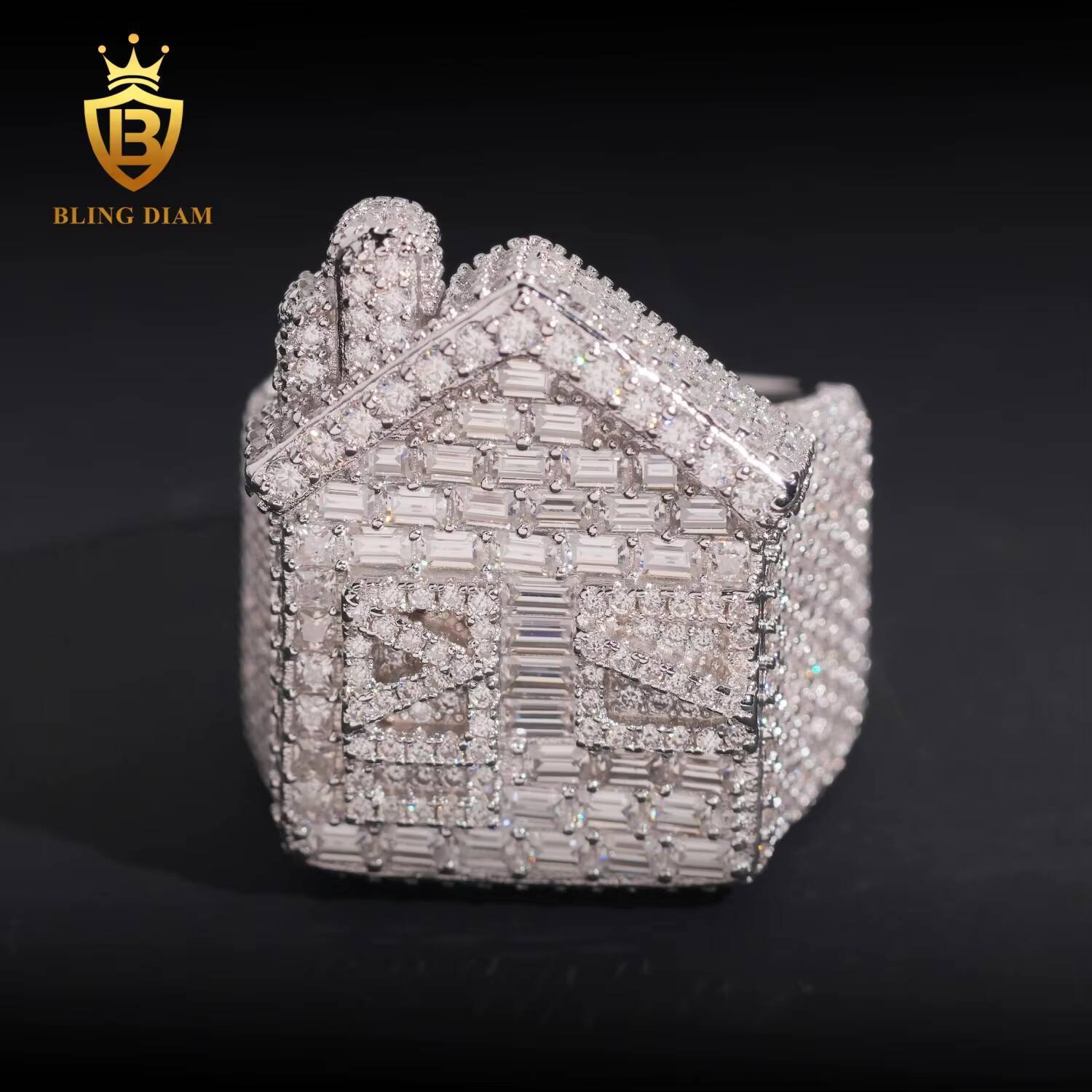 Iced Out Cuban House Ring Mens Hip Hop Jewelry 925 Sterling Silver Vvs1 Emerald Square Stone Cut Moissanite Diamond