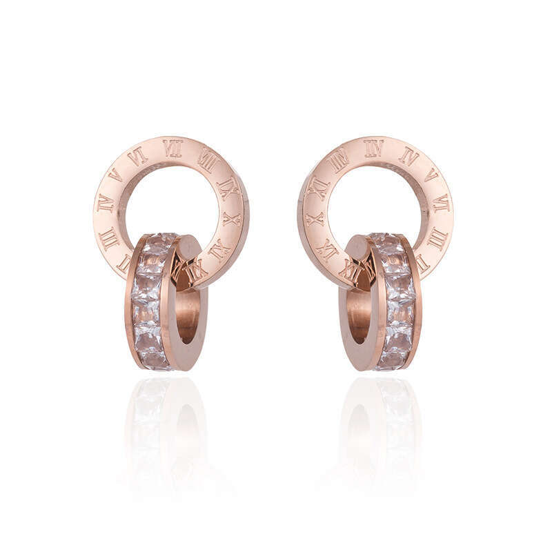 Popular Roman Double Ring Diamond-Studded Creative Earrings In Rose Gold Titanium Steel For Women, High-End Non-Fading Trendy Ear Accessories