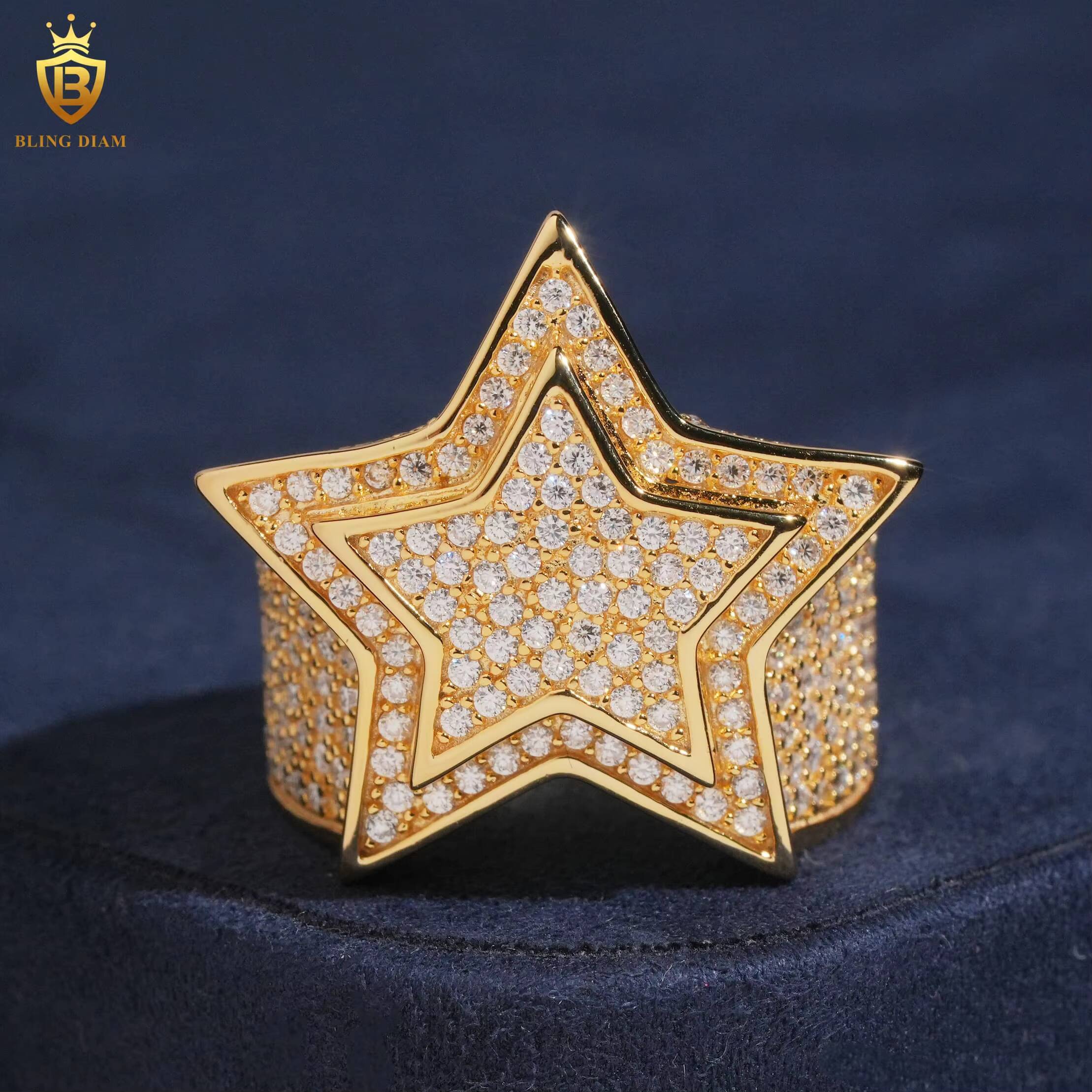 Wholesale Hip Hop Jewelry 925 Sterling Silver Gold-Plated Vvs Moissanite Ice Out Mens Star Rings Rapper Rock