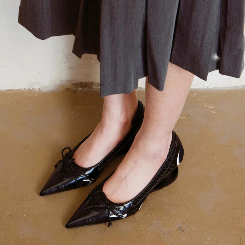 Special Heel Spliced Heels Pointed Toe Heels Womens Fashion Shallow Mouth Bow Non-Slip Mary Jane Single Shoes Large 42 260420