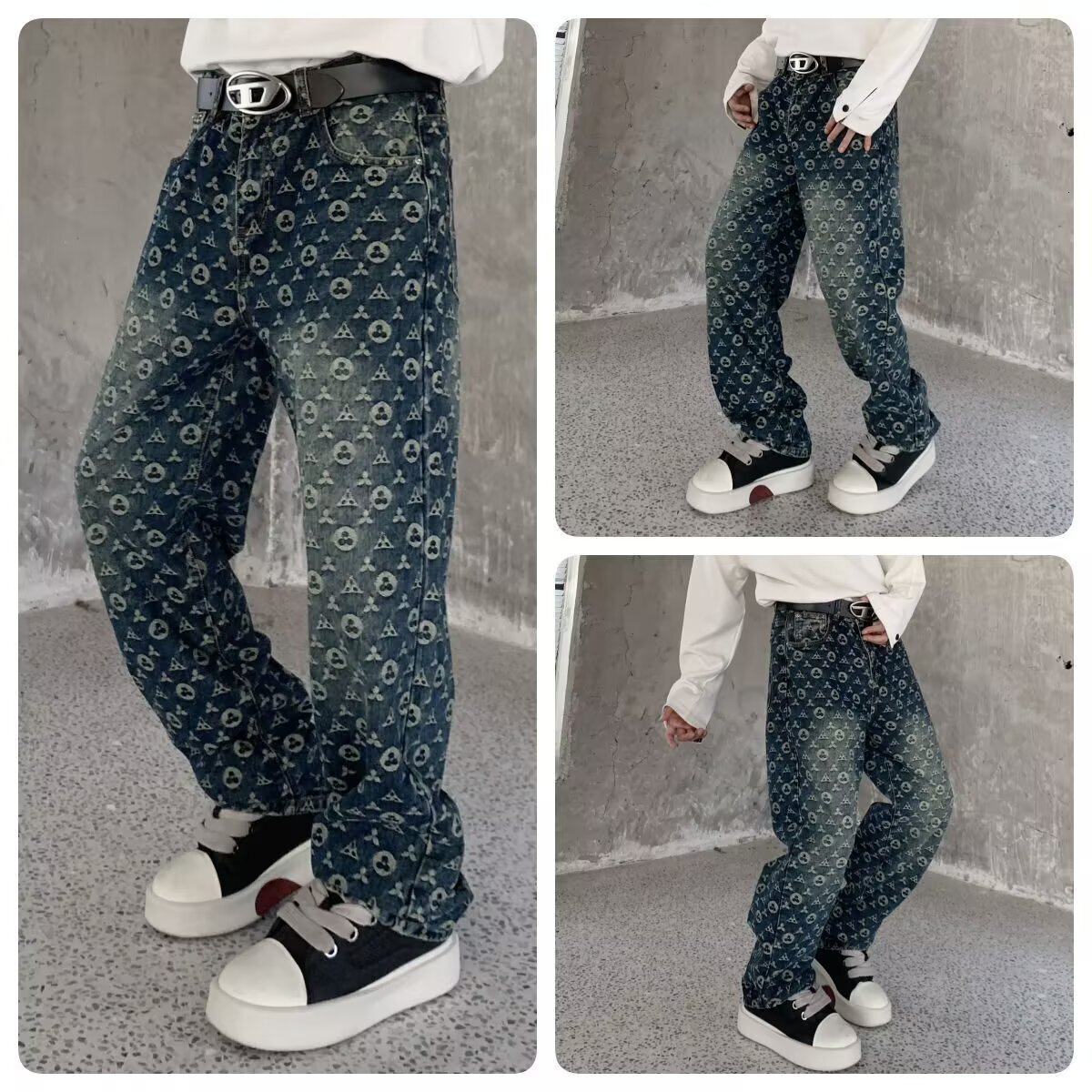 Designer Pants - Luxurious Fashionable High-end Jacquard Denim Pants - Suitable For Both Men And Women Spring And Summer Style Loose Straight Casual W - view 3