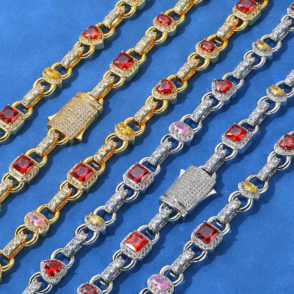 NUOYA Hip Hop New Style Link Chain 925 Silver VVS Moissanite Necklace 10MM Geometric Shape Design Red Zircon Women Jewelry