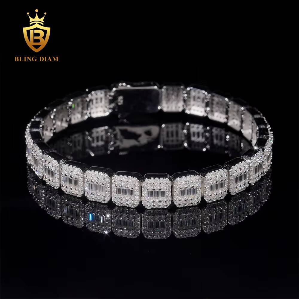 9mm Hip Hop Jewelry 925 Silver Vvs Moissanite Emerald Cut Tennis Chain Link Square Iced Out Bracelet Pass Diamond Test