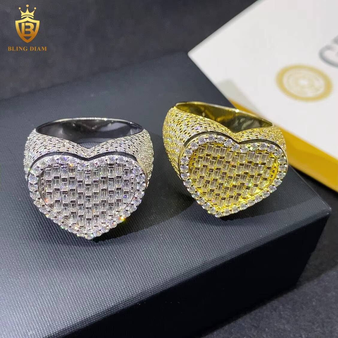 Iced Out Heart Ring Baguette Cut VVS Moissanite Ring D Color VVS Fine Moissanite Jewelry GRA Certified Moissanite Ring Hip Hop