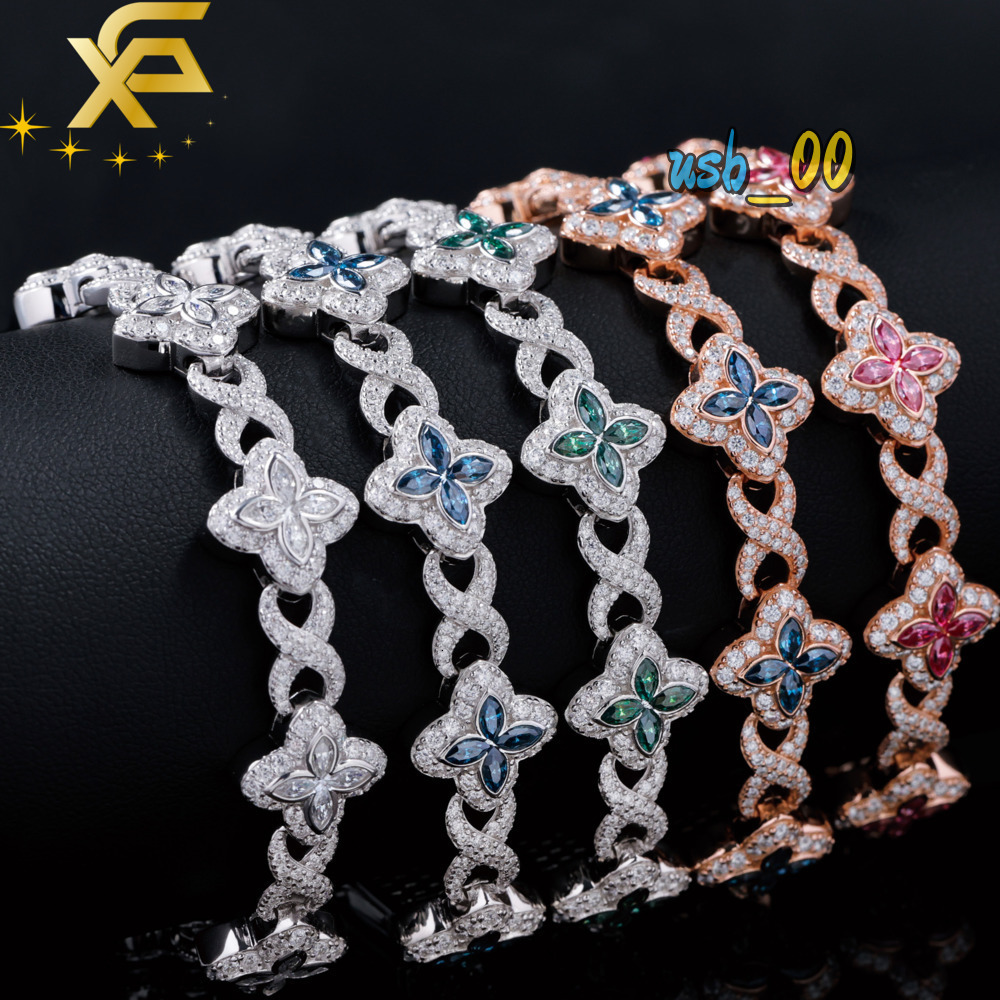 Hot Stunning Bracelets Colored Moissanite Clover Charms 13mm Four Leaf Cuban Links Bracelet 925 Silver Cuban Chains Men Women