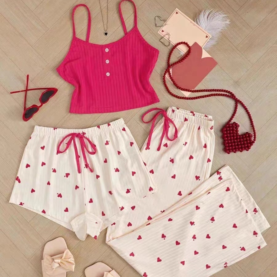 Luxury Brand Designer Women Spring Summer Heart Print Ribbed Button Cami Three Piece Set Loungewear Drawstring Comfortable Versatile Daily Chic Stylis