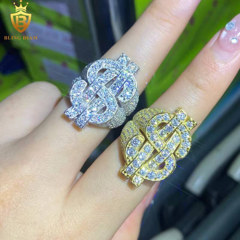 925 Sterling Silver Moissanite Rings Dollar-Shaped Ring Iced Out Moissanite Hip Hop Style Jewelry Ring Pass Diamond Test GRA