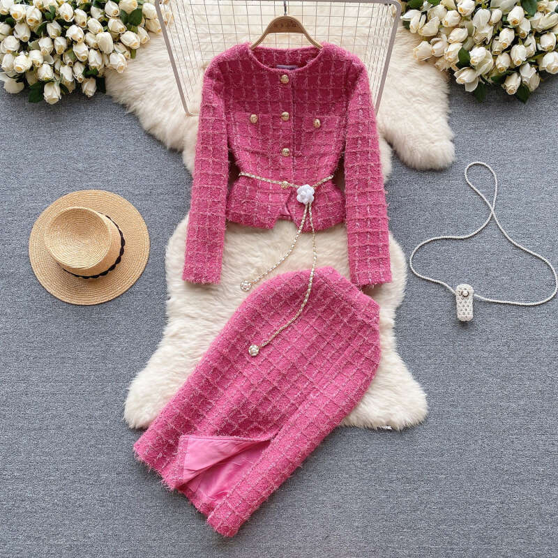 Designer Clothes Fashionable High End Light Luxury Set Women's Winter Woolen Casual Cardigan Jacket Exquisite Slit Mid Length Skirt Check Tweed T - view 3
