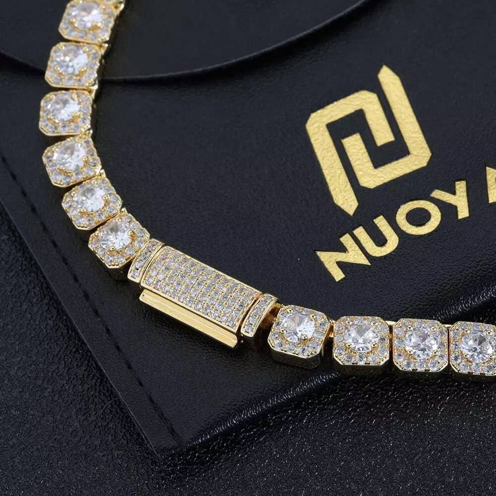 Nuoya 925 Sterling Silver Tennis Chain Luxury 7mm Custom VVS Moissanite Diamond Cluster Tennis Chain Necklace
