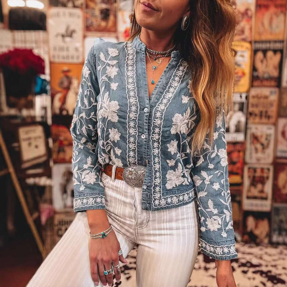 New 2026 Spring Summer Women Embroidered Denim Blouse V Neck Button Closure Long Sleeve Casual Streetwear Top MAKOUFEI