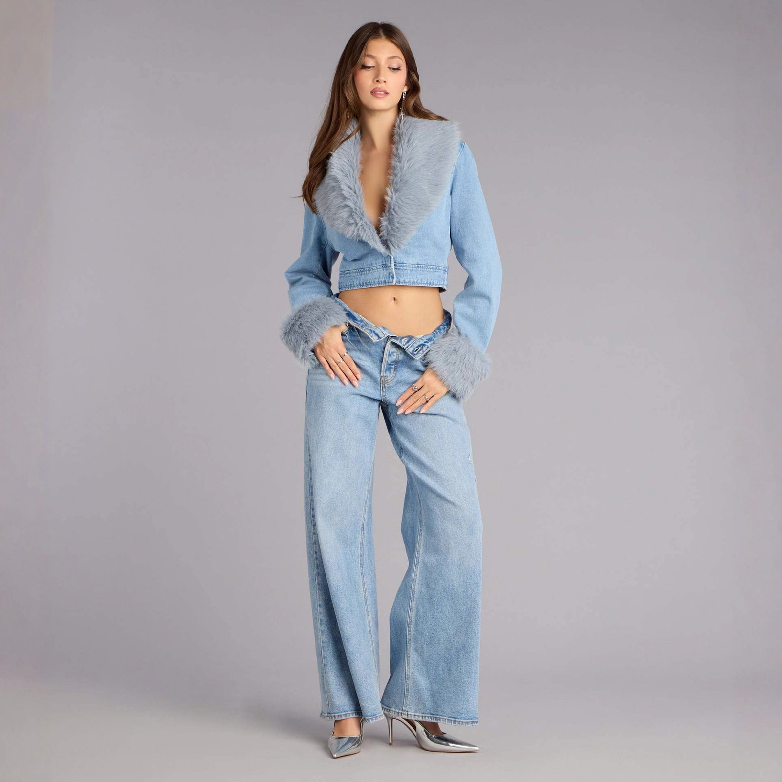 Womens short furcoat jacket winter style thickened faux fur with collar denim 241129