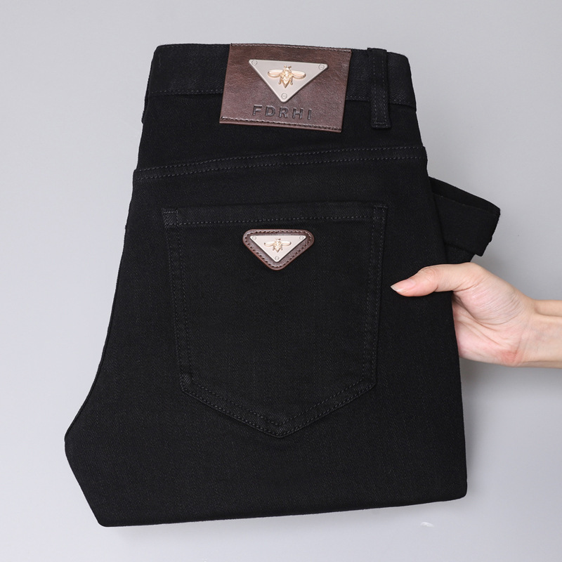 New Autumn And Spring High-end Luxury European Designer Style Pure Cotton Small Loose Bee Jeans Men's Slim Fit Elastic Luxury Slim Fit Casual Str