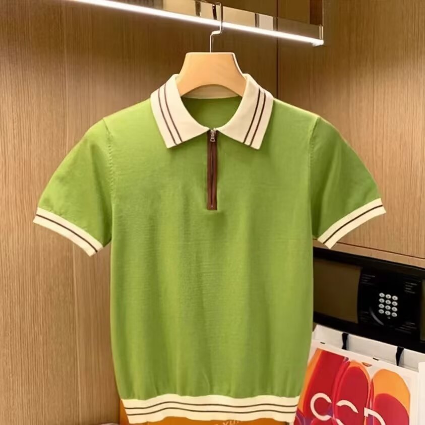 Men's Polos Korean Style Breathable Lightweight Knitted Polo Shirt Short Sleeve T-Shirt With Color Block And Ribbed Design For Summer