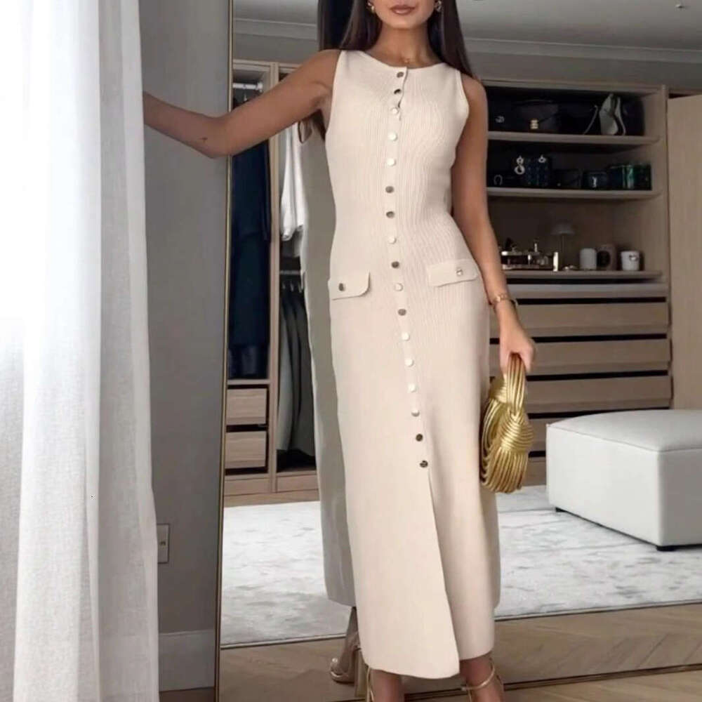 Luxury Brand Designer Clothes European And American Elegant Women's Knitted Ribbed Long Round Neck Sleeveless Button Slim Fit Dress