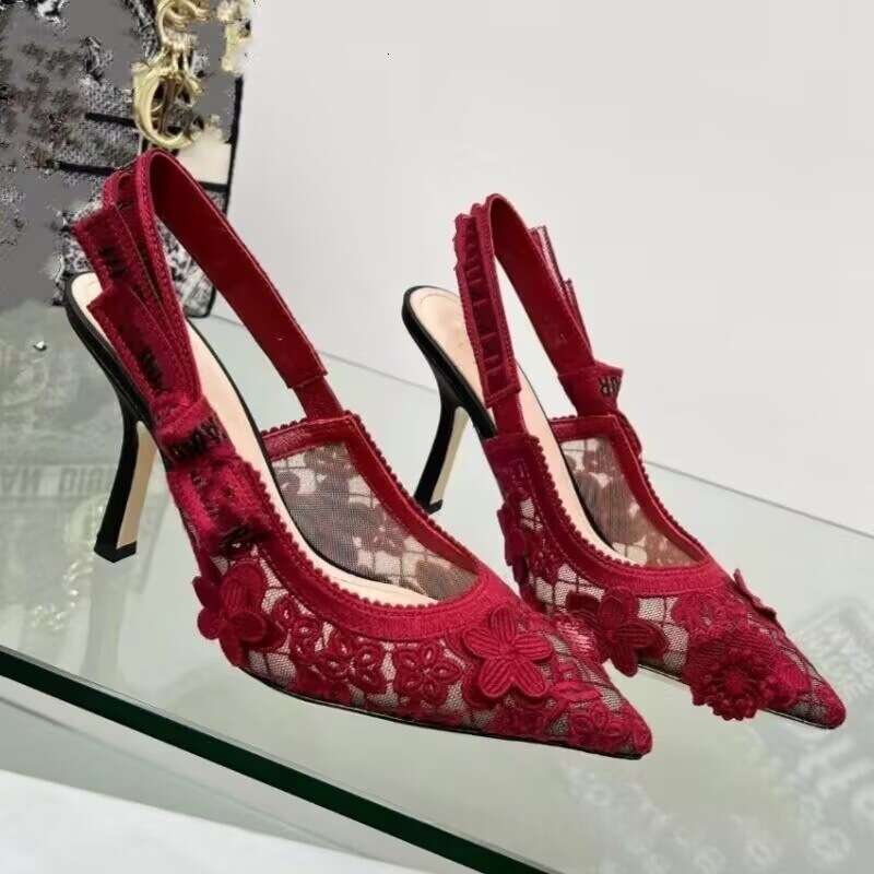 2026 D Designer high heels New Letter Lace Cat Heel Sandals Fashion Embroidery Pointed High Heels European And American Style