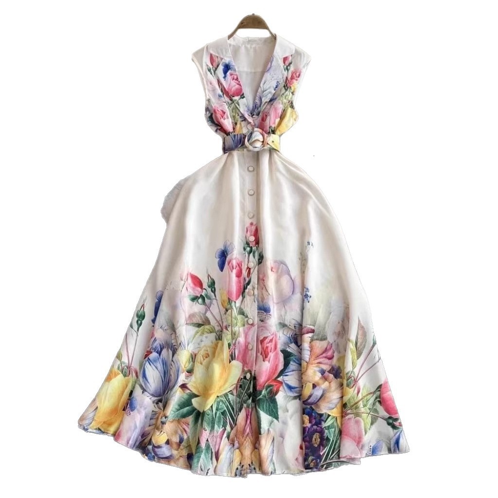 Summer Holiday Gorgeous Floral Dress Womens Sleeveless Ruffles V Neck Flower Print Buttons Chiffon Bohemain Robe Vestidos240730