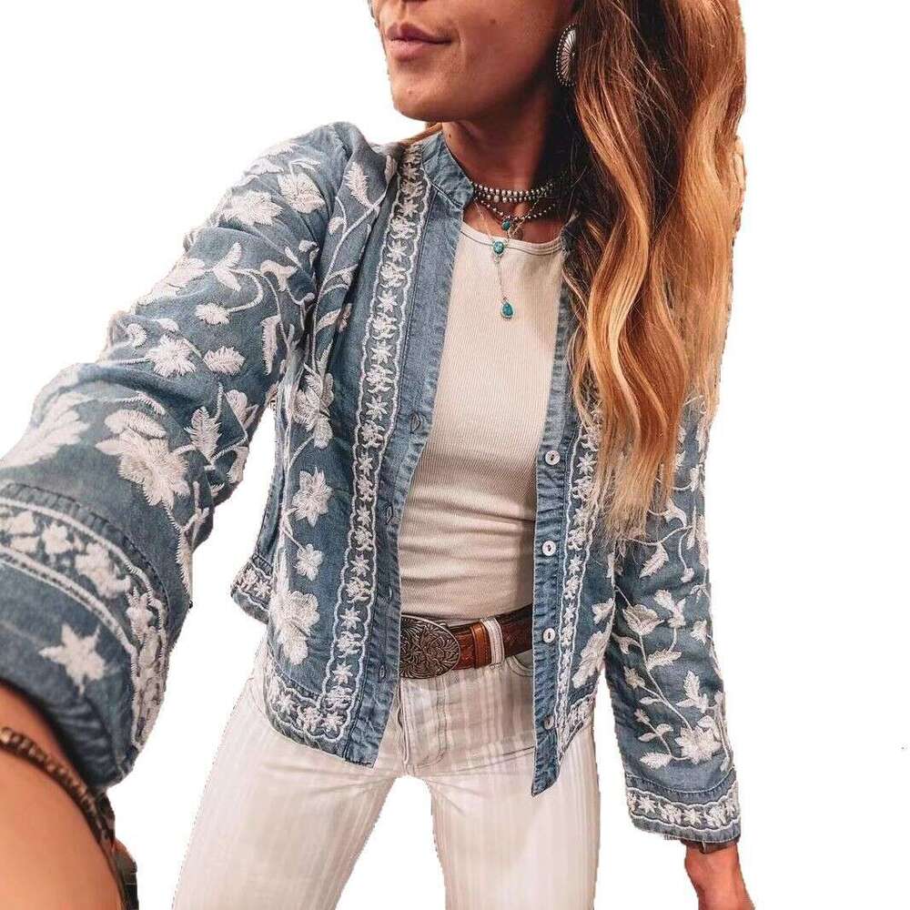 New 2026 Spring Summer Women Embroidered Denim Blouse V Neck Button Closure Long Sleeve Casual Streetwear Top MAKOUFEI