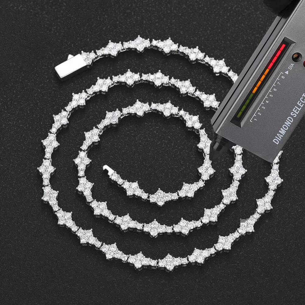 NUOYA 65mm Iced Out VVS Diamond Flower Shape Tennis Chain Hip Hop Jewelry 925 Sterling Silver Moissanite Tennis Chain Necklace