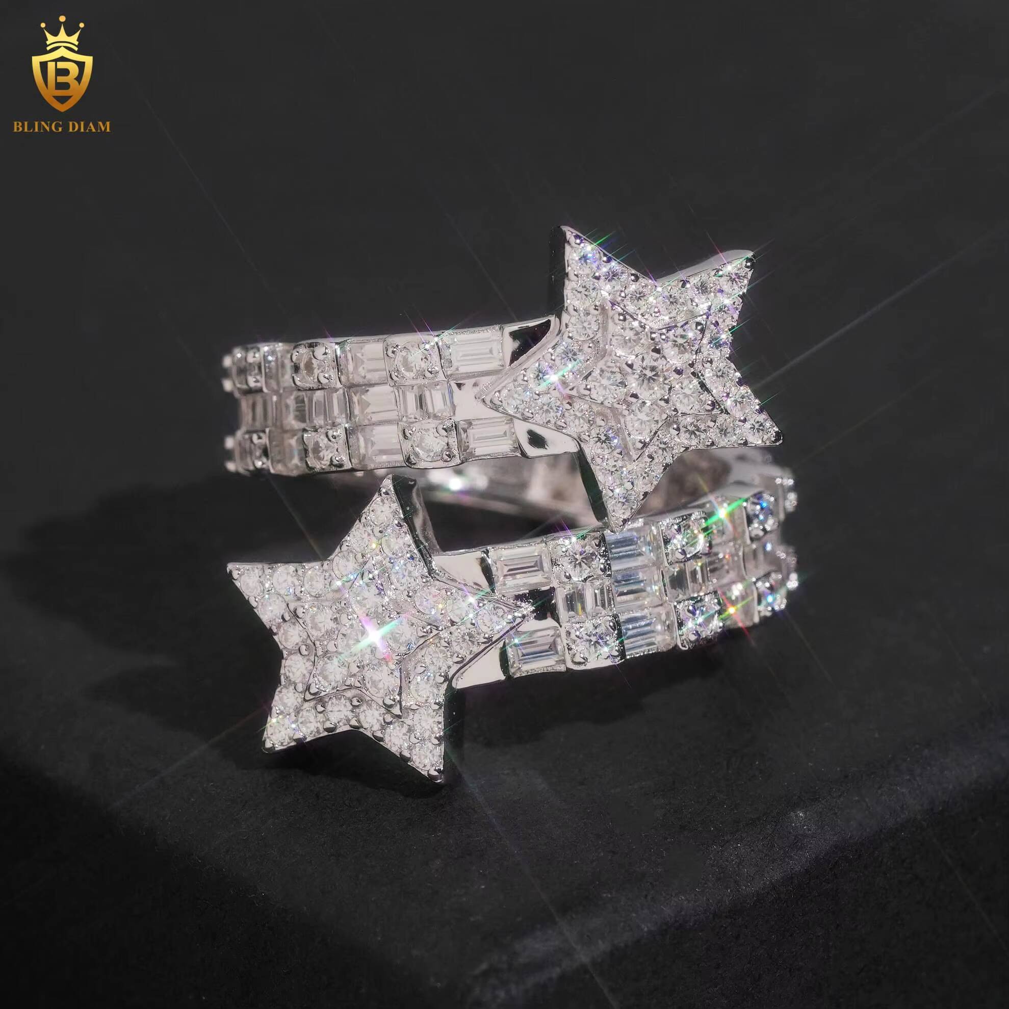 Luxury Hiphop 925 Sterling Silver Star Rings Engagement Moissanite Ring D VVS Fine Moissanite Jewelry Men Past Diamond Tester