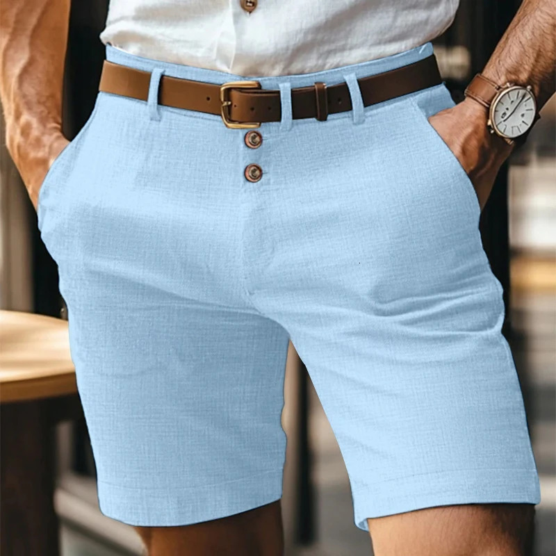 Summer Casual Shorts Men Vintage Buttoned Linen Breathable Knee Length Trousers Slim Fit Straight Male Fashion Solid Short Pants 260421