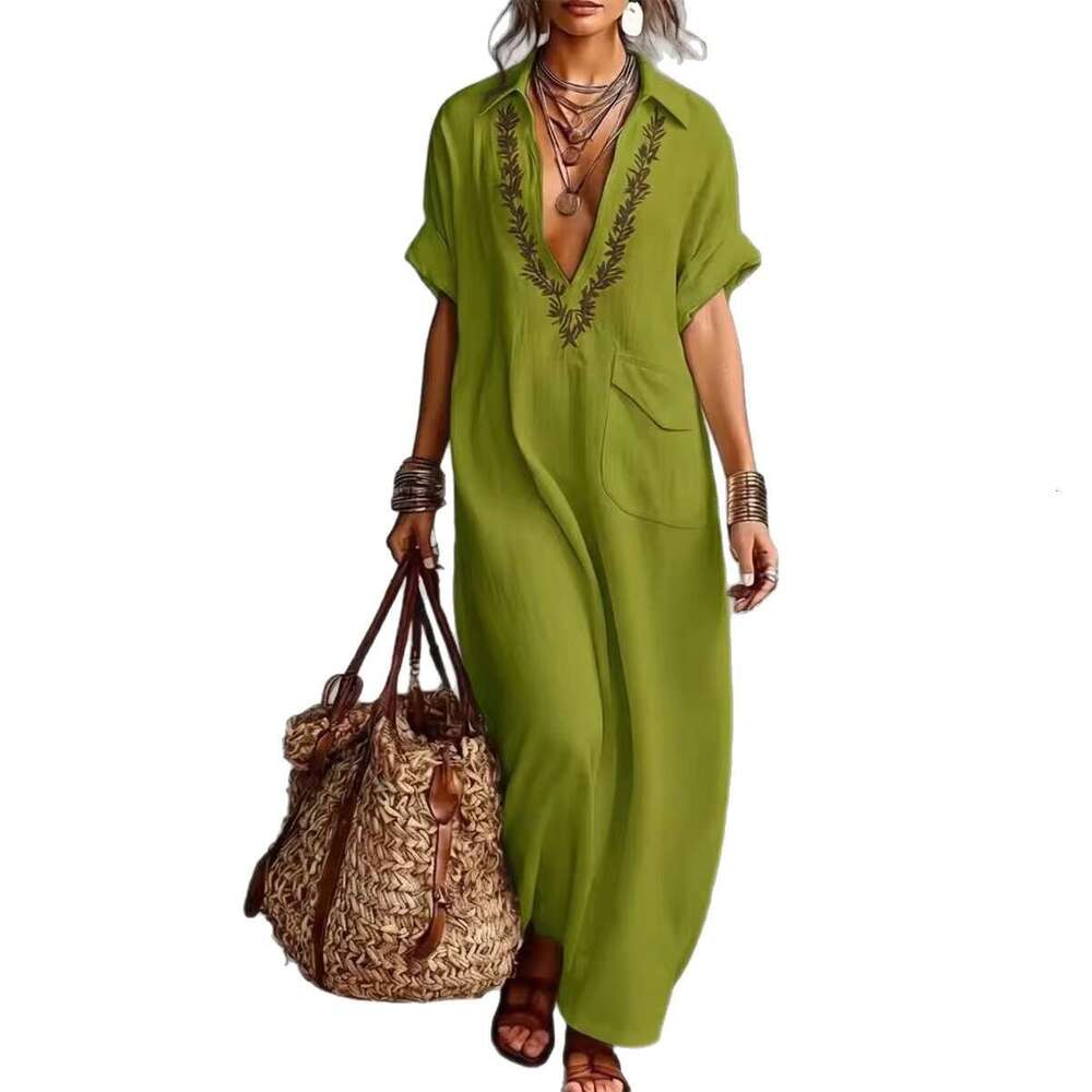Women's Embroidered Linen Blend Maxi Shirt Dress, Short Sleeve Collared Kaftan
