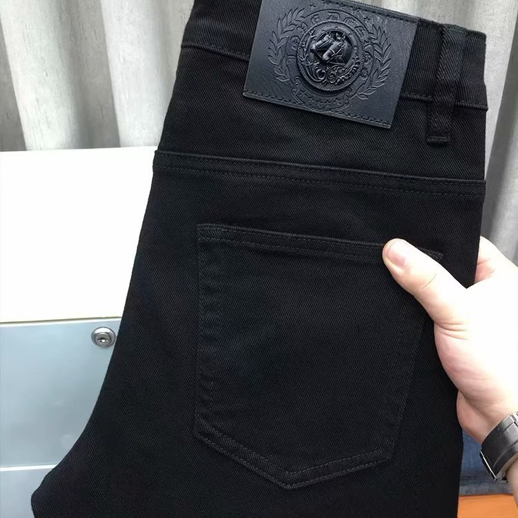 High End Black Men's Loose Jeans In Autumn And Spring, Fashionable Stretch Slim Fit Casual Luxurious Designer Pants, Loose Straight Leg Pants In 