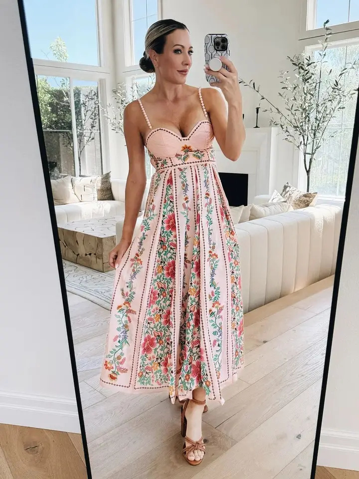 Women Dress Floral Print Midi Dresses Pink Beaded Spaghetti Strap Sweetheart Neck A-Line Dress Spring Outfit Woman Clothes 260420