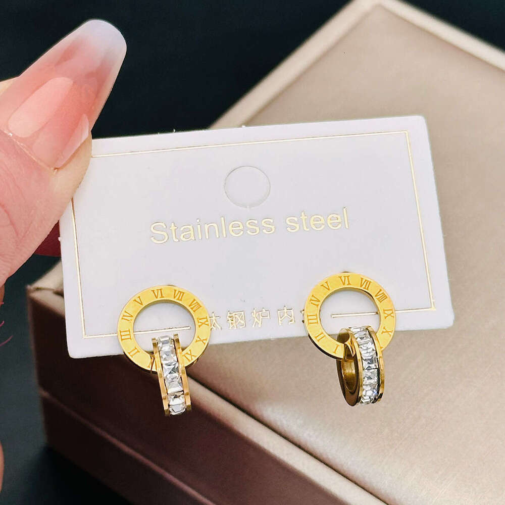 Popular Roman Double Ring Diamond-Studded Creative Earrings In Rose Gold Titanium Steel For Women, High-End Non-Fading Trendy Ear Accessories