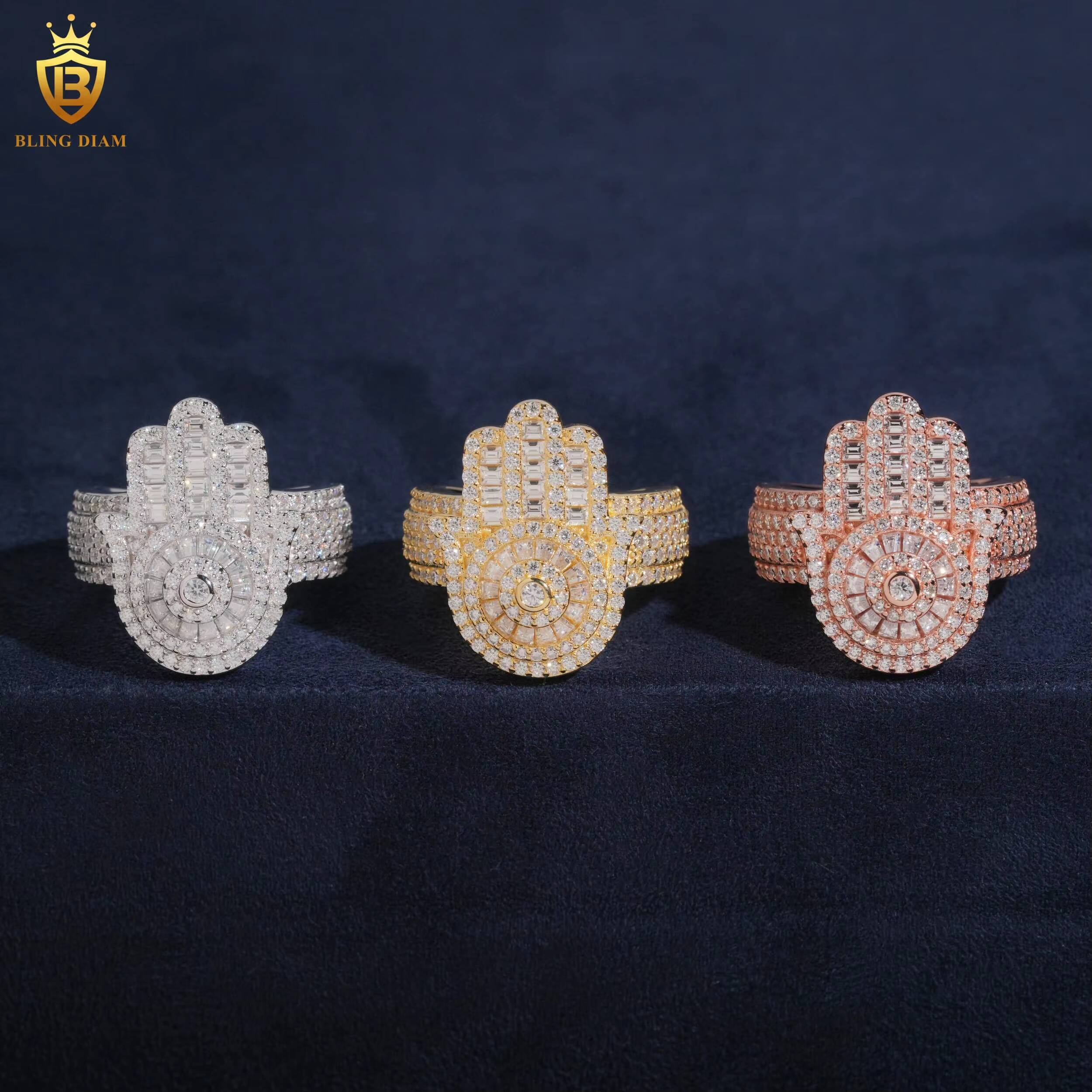 Hip Hop Rapper Rock Jewelry Wholesale 925 Sterling Silver Ice Out Vvs Moissanite Rings for Mens Hamsa Hand Shaped