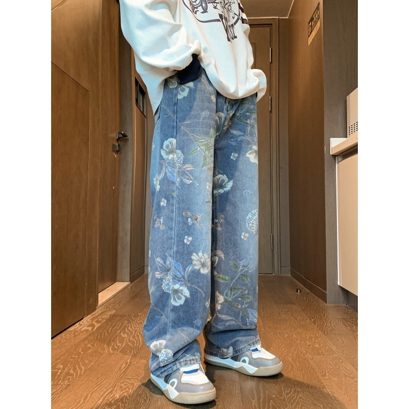 Spring And Summer Chinese Style New American Printed Jeans, Loose Men's Luxury Designer Fashion Versatile Brand, Loose Fit Casual Wide Leg Pants