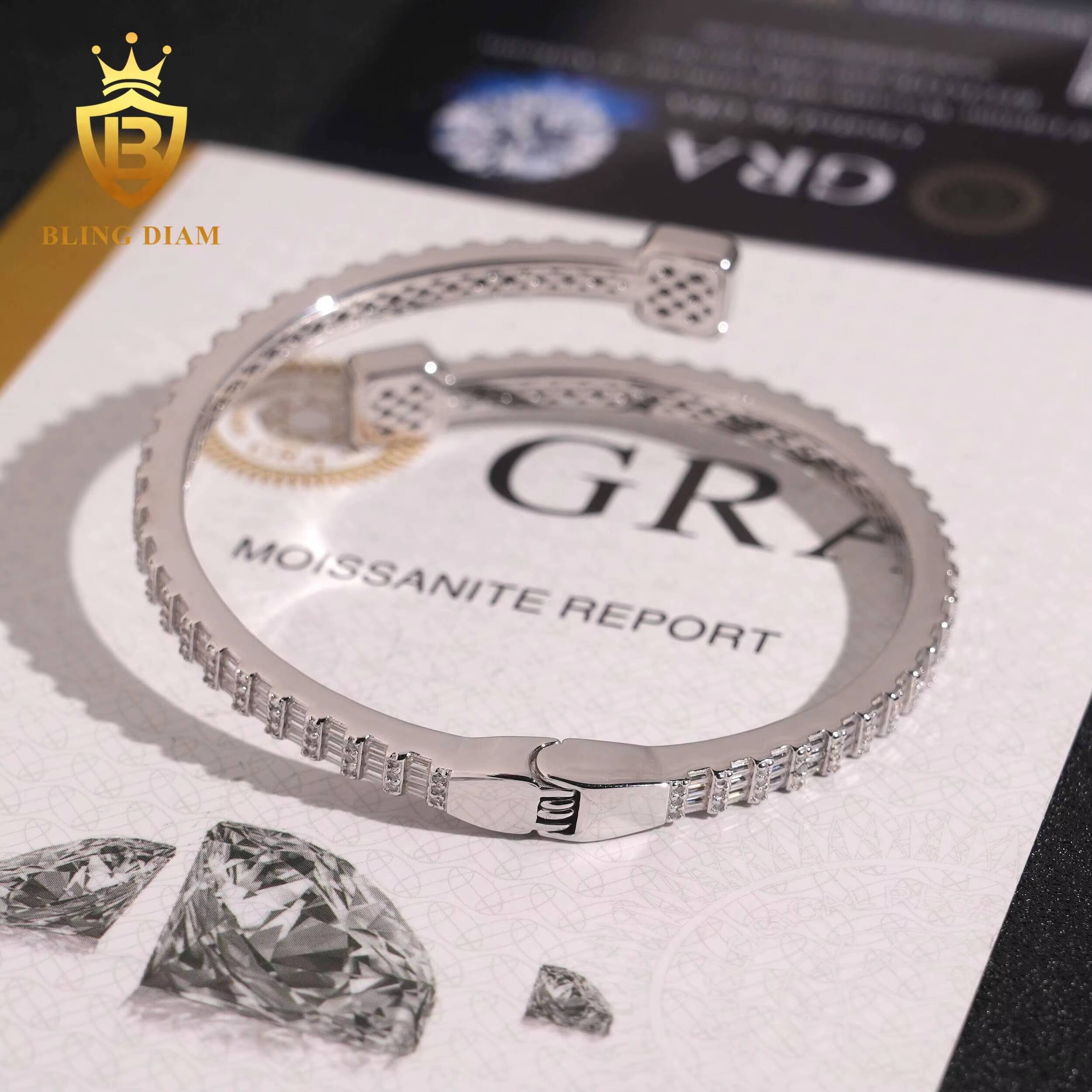 Pass Diamond Tester Fine Jewelry Square S925 Silver Gold Plated VVS Baguette Moissanite Diamond Bangle Bracelet Men Women