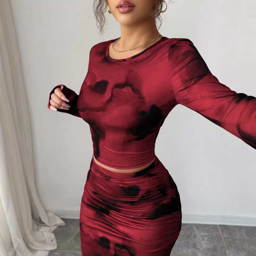 2piece set for women fashionable roundneck elegant slimfit irregular tiedye longsleeve Tshirt and skirt 240402