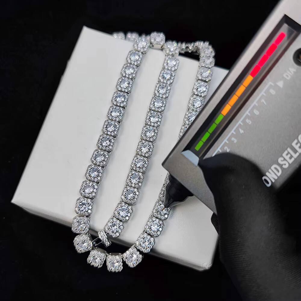 Nuoya Luxury VVS Moissanite Tennis Chain Custom 7mm 925 Sterling Silver Cluster Diamond Necklace Jewelry for Women