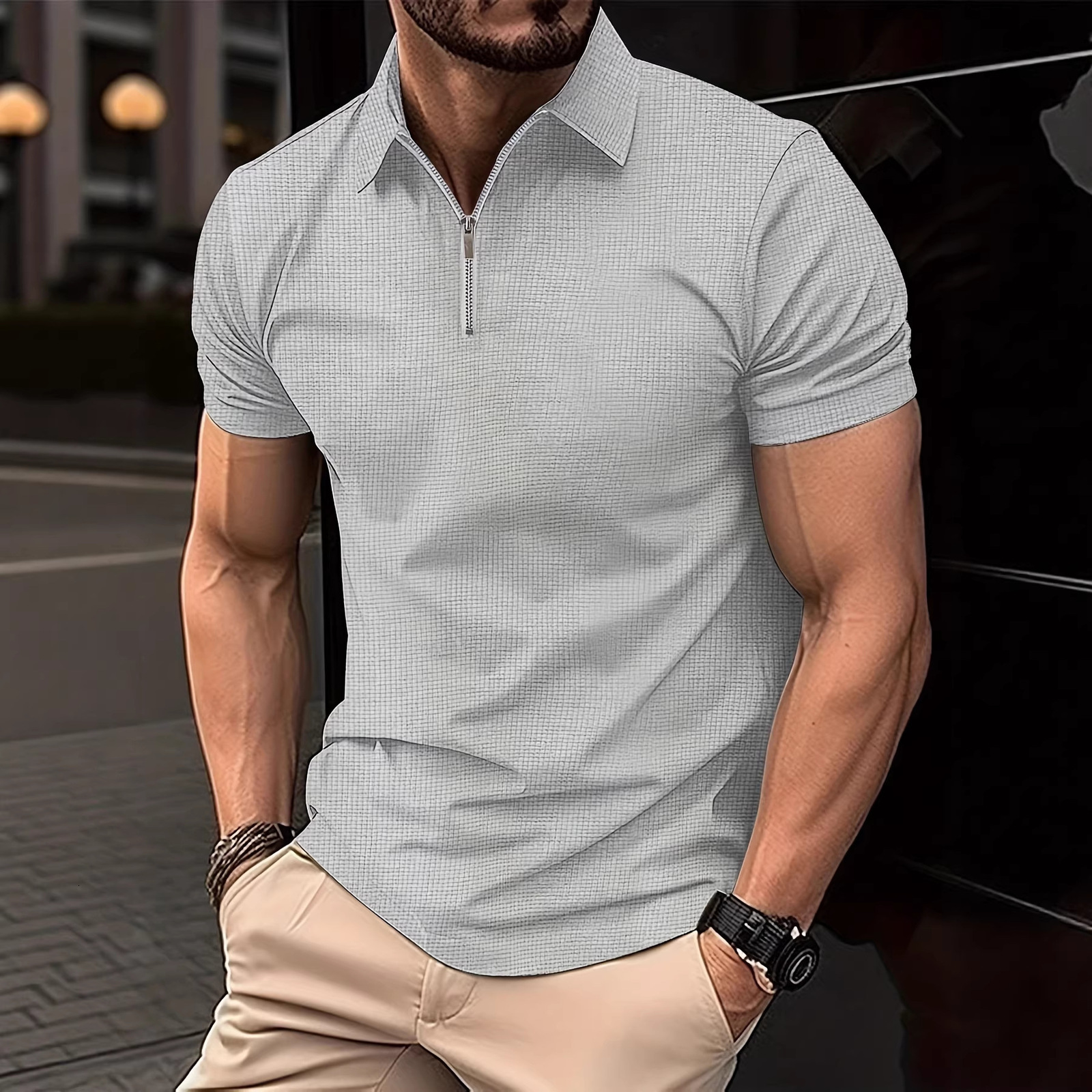 2024 Summer Mens -Selling Henry Shirt Solid Color Zipper Standing Collar Short-Sleeved Slim Casual Sports Mens Shirt 240806
