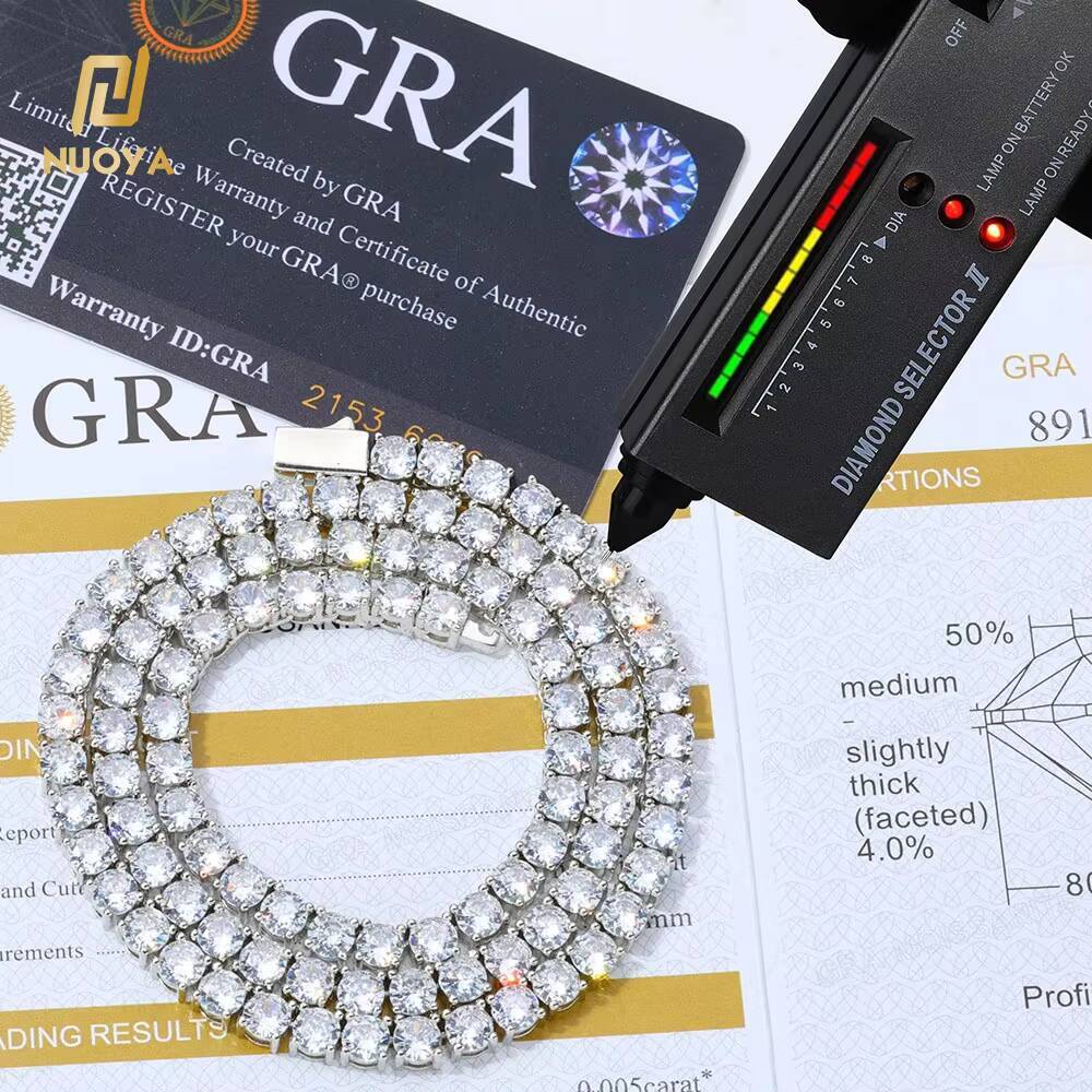 NUOYA Moissanite Tennis Chain Necklace 925 Silver Iced Out Round Cut Pass Diamond Tester Tennis Chain Womens Fine Jewelry Gift