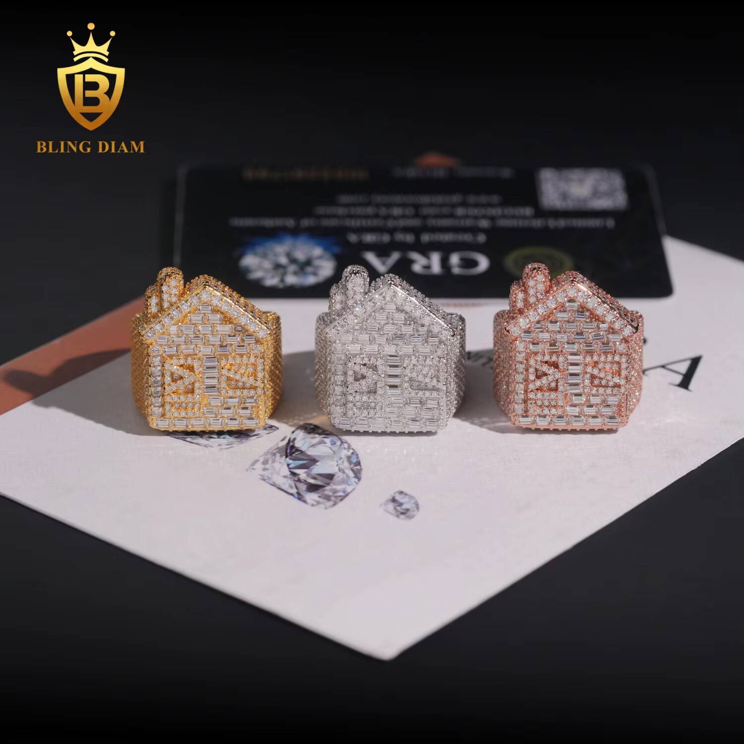Iced Out Cuban House Ring Mens Hip Hop Jewelry 925 Sterling Silver Vvs1 Emerald Square Stone Cut Moissanite Diamond