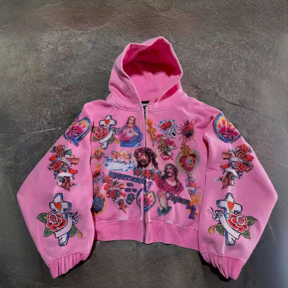 Pink Religious Tattoo Graphic Zip Up Hoodie, Y2K Vintage Cross Rose Print Streetwear Jacket